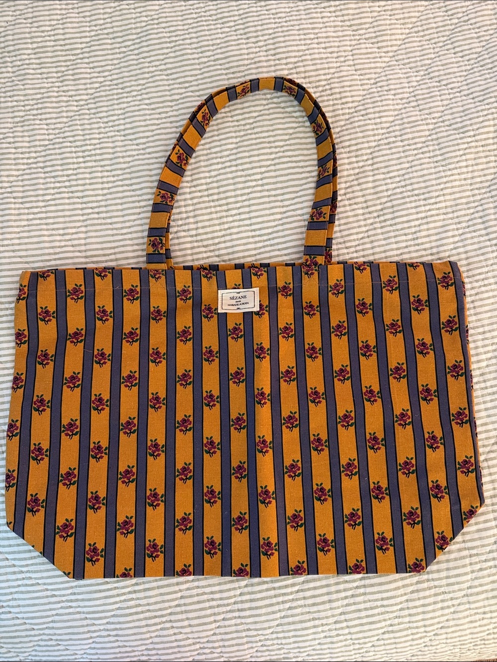 Sézane Mustard and Navy Striped Floral Tote